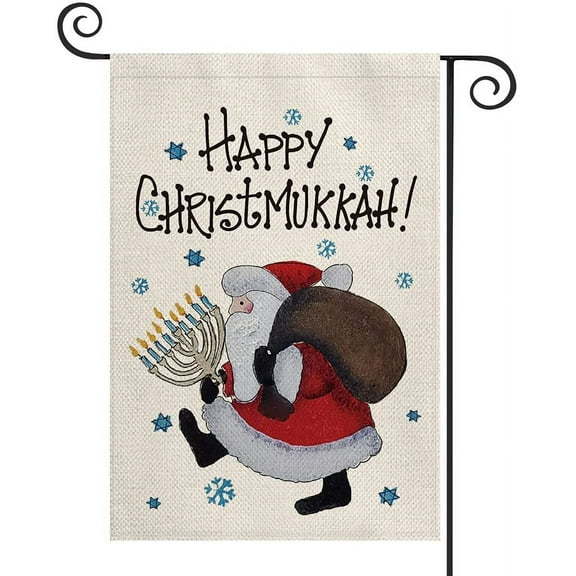 AVOIN colorlife Happy Christmukkah Garden Flag 12x18 Inch Vertical Double Sided, Santa Claus Menorah Winter Farmhouse Yard Outdoor Decoration