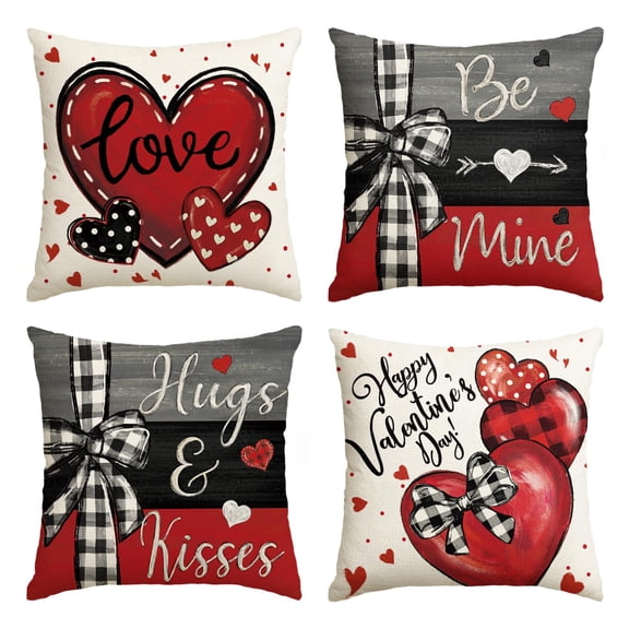 AVOIN colorlife Happy Valentine's Day Black and Red Heart Throw Pillow Covers, 18 x 18 Inch Hugs Kisses Be Mine Bowknot Stripes Love Anniversary Wedding Cushion Case Decoration for Sofa Set of 4 C113