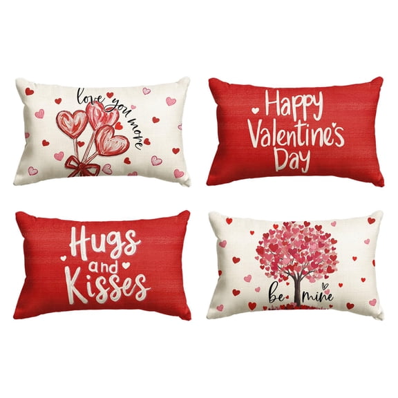 AVOIN colorlife Happy Valentine's Day Heart Lollipop Bouquet Throw Pillow Covers, 12 x 20 Inch Love You More Hugs and Kisses Red Anniversary Wedding Cushion Case Decoration for Sofa Set of 4 C113
