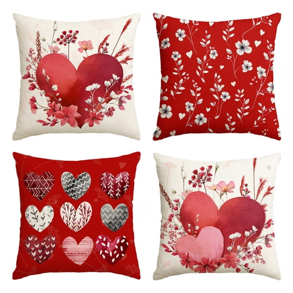 AVOIN colorlife Valentine's Day Love Heart Red Throw Pillow Covers, 20 x 20 Inch Flowers Leaves Anniversary Wedding Cushion Case Decoration for Sofa Couch Set of 4 C113