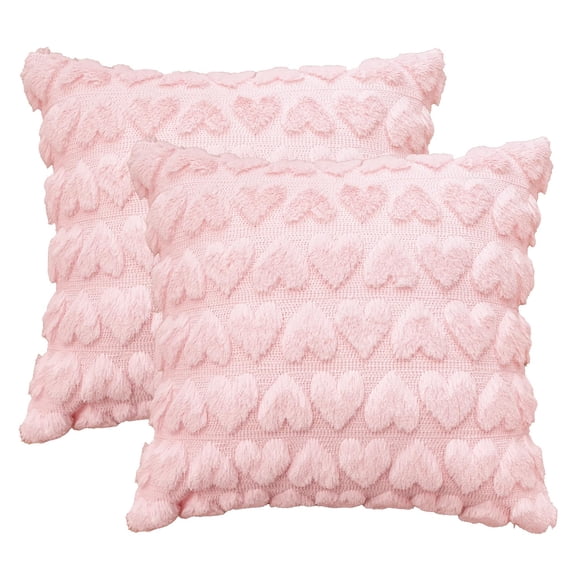 AVOIN colorlife Valentine's Day Love Heart Throw Pillow Set of 2, 18 x 18 Inch Pink Soft Plush Faux Fur Jacquard Anniversary Wedding Cushion Case Decoration for Sofa Couch C113