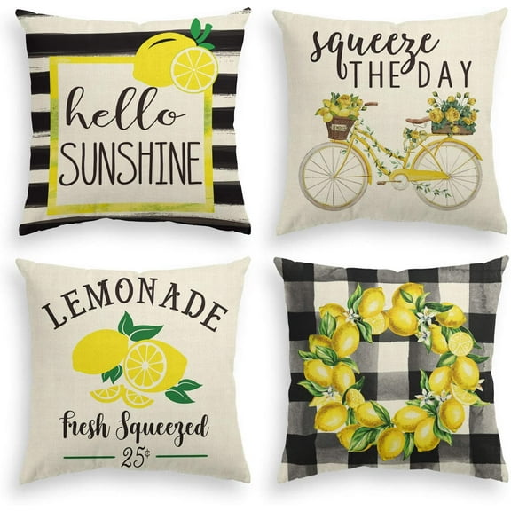 AVOIN colorlife Watercolor Stripes Hello Sunshine Yellow Throw Pillow Cover, 18 x 18 inch Buffalo Plaid Lemon Wreath Bicycle Squeeze The Day Square Cushion Case for Sofa Couch Set of 4