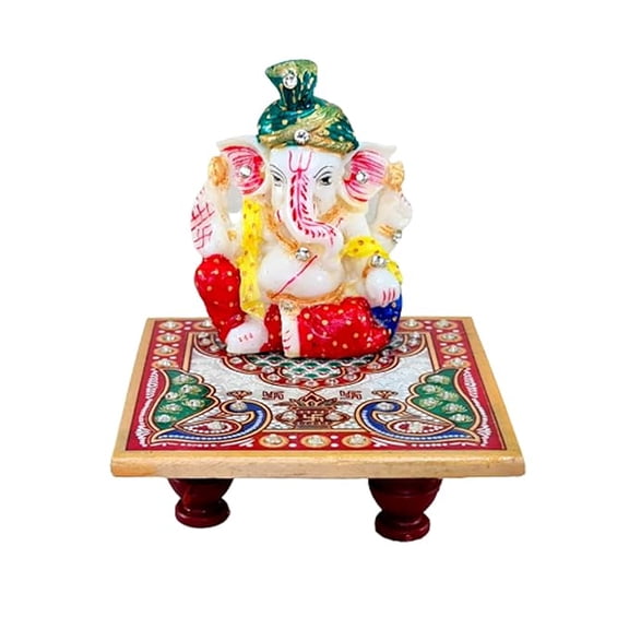 AVOKA Marble Chowki with Ganesh Ganesha Ganpati Murti Idol Statue Sculpture | Pooja Idols | Home Decor - Small Size, 9.5 x 9.5 Cm, Multicolour
