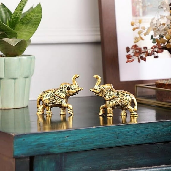 AVOKA Set of 2 Trunk Up Elephant Showpiece | Elephant Decorative Items for Home | Miniature Decor Items