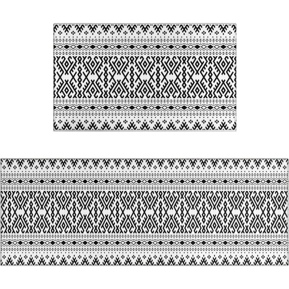 AVOPATH Boho Kitchen Rug Mat Set of 2 Piece Black and White Kitchen Rugs Farmhouse Style Washable Kitchen Floor Mats Non Slip Boho Runner Rug Decor