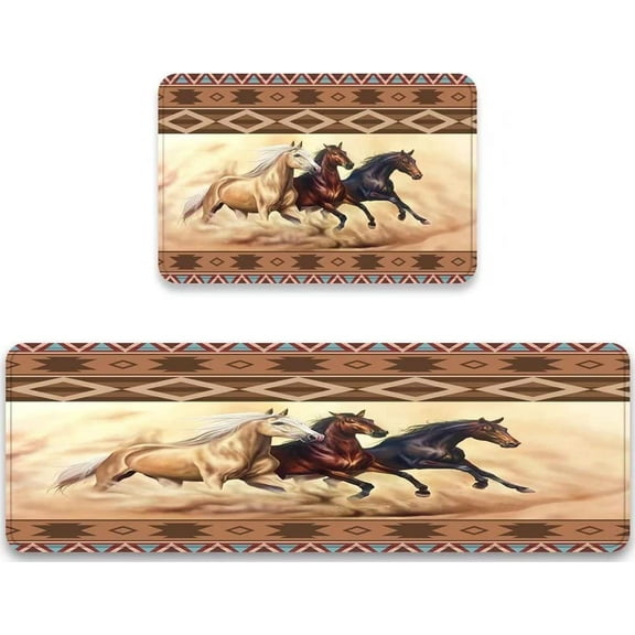 AVOPATH Running Horse Kitchen Rug Set 2 Pieces Horses Herd Run in Desert Sand Storm Floor Mats American Doormat Anti Fatigue Non-Slip Chef Sink Runner Rugs Bedroom Area Carpet, 17.7" X 47.2"