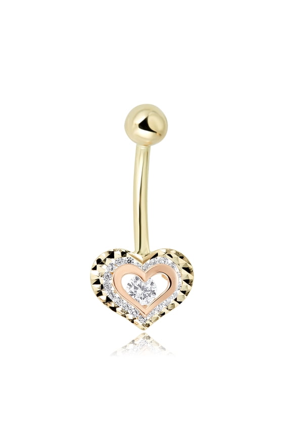 AVORA 10K 2-Tone Gold Simulated Diamond CZ and Diamond-cut Heart Belly Button Ring Body Jewelry (14 Gauge)
