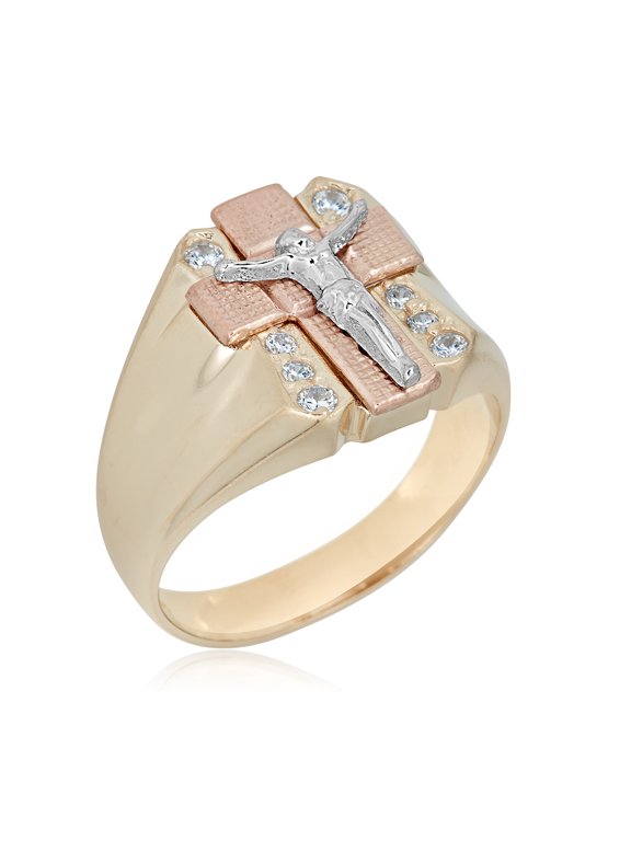 AVORA 10K 3-Tone Gold Simulated Diamond CZ Men's Cross with Jesus Fashion Ring - Size 10.5
