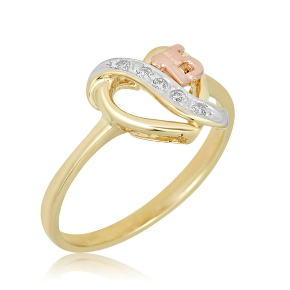 AVORA 10K 3-Tone Gold Simulated Diamond CZ Quinceanera "15" Anos Heart Fashion Ring - Size 8