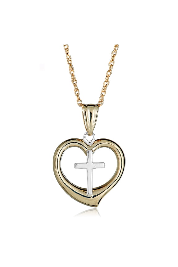 AVORA 10K Two-Tone Gold Cross and Heart Pendant Necklace with 18" Chain