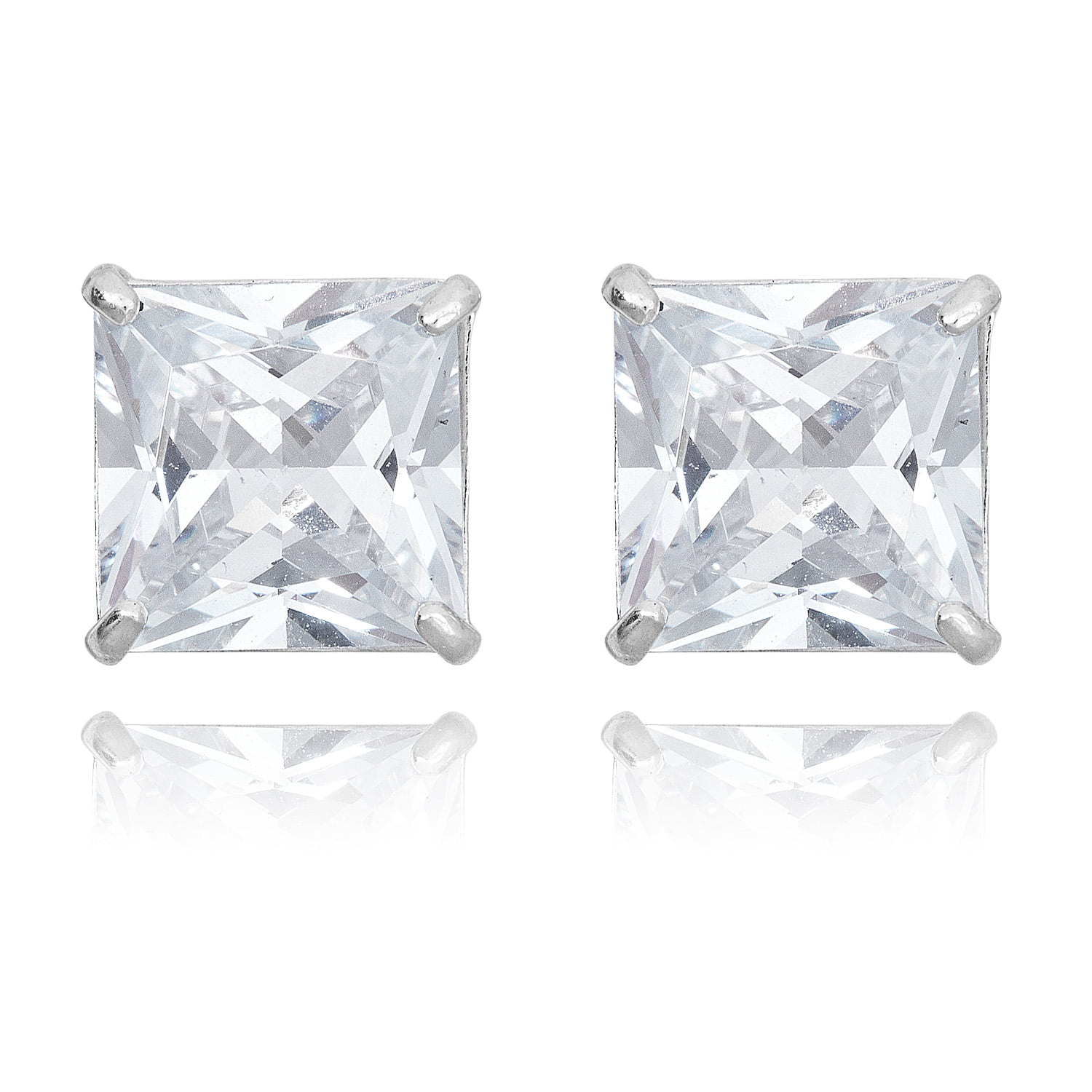 AVORA 10K White Gold 8mm Princess Cut Simulated Diamond CZ Stud Earrings