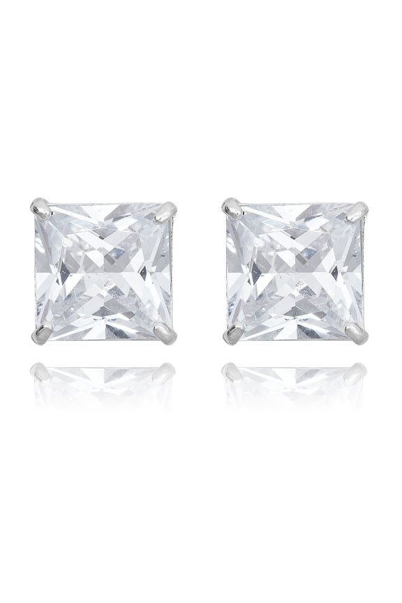 AVORA 10K White Gold 8mm Princess Cut Simulated Diamond CZ Stud Earrings