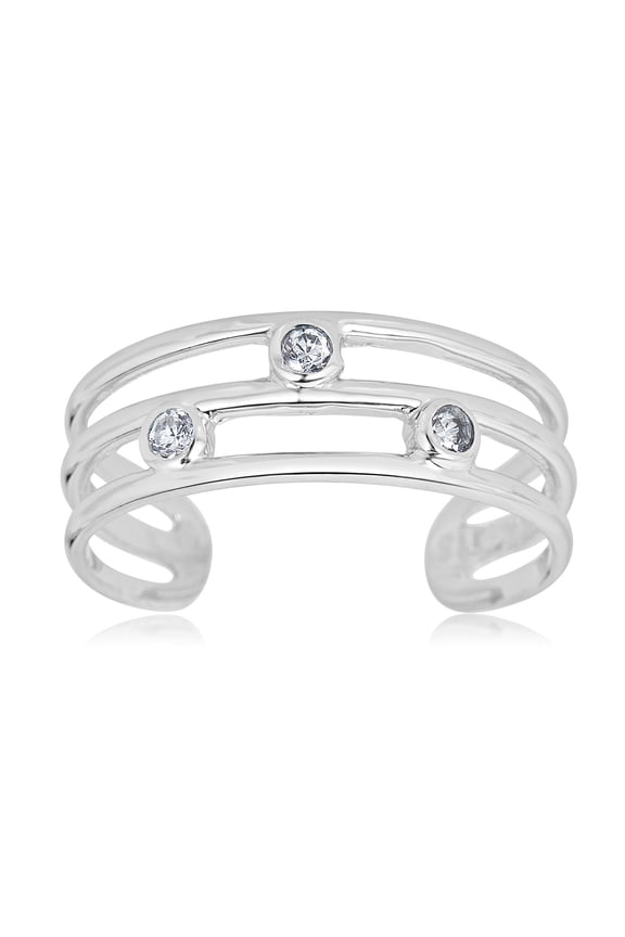 AVORA 10K White Gold Adjustable Three Row Toe Ring with Simulated Diamond CZ