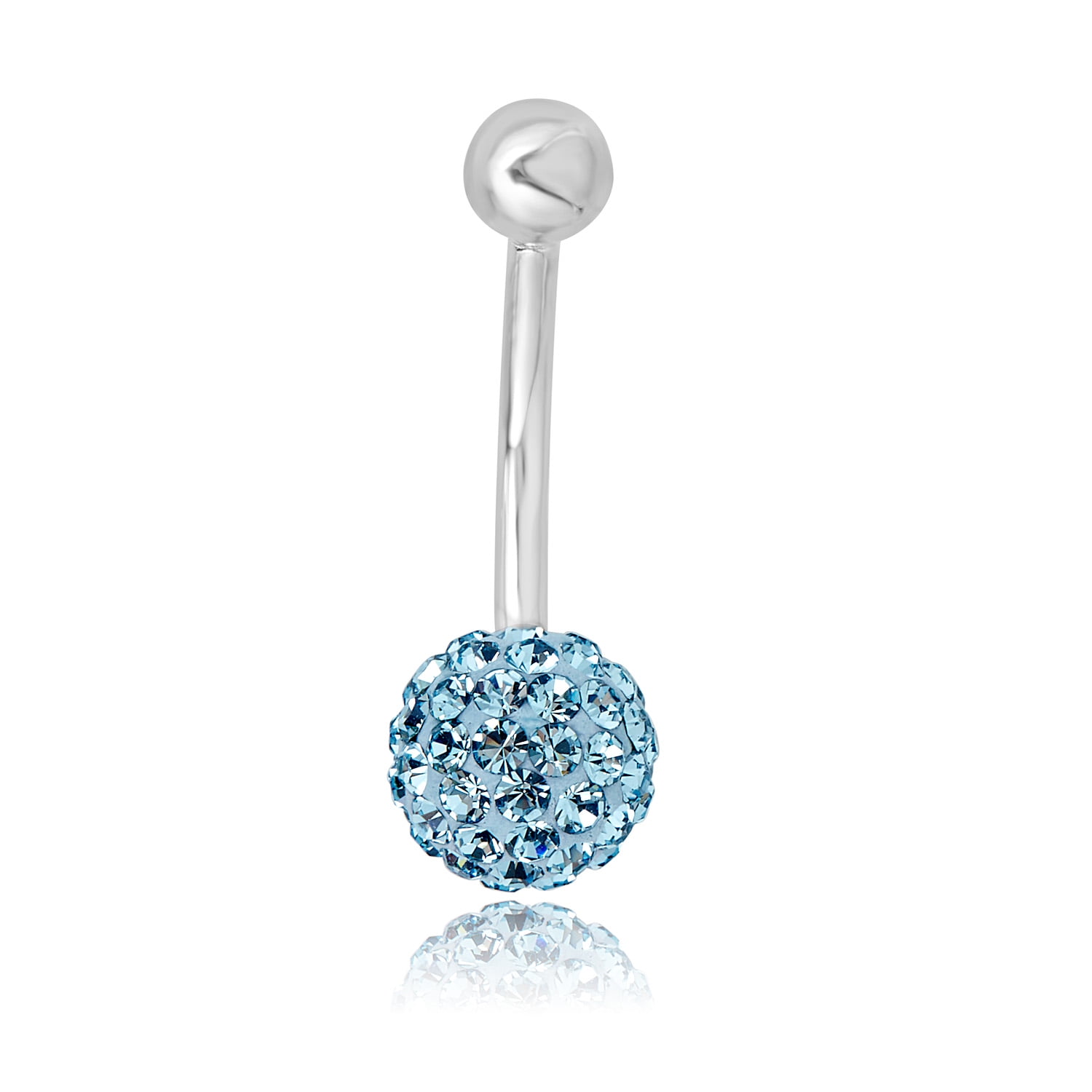 AVORA 10K White Gold Aqua  Crystal Ball Belly Button Ring Body Jewelry (14 Gauge)