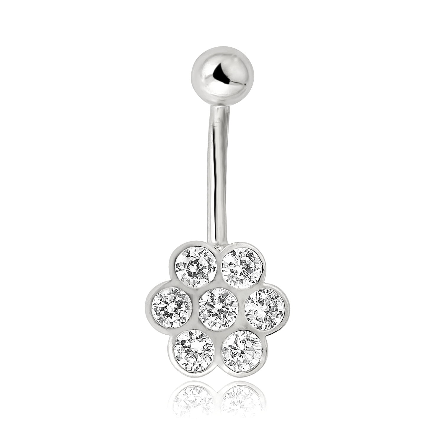 AVORA 10K White Gold Bezel-set Simulated Diamond CZ Flower Belly Button Ring Body Jewelry (14 Gauge)