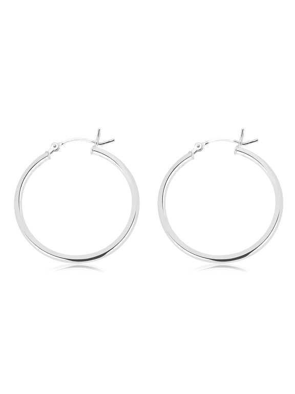 AVORA 10K White Gold Classic Polished 2mm Tube 30mm Hoop Earrings