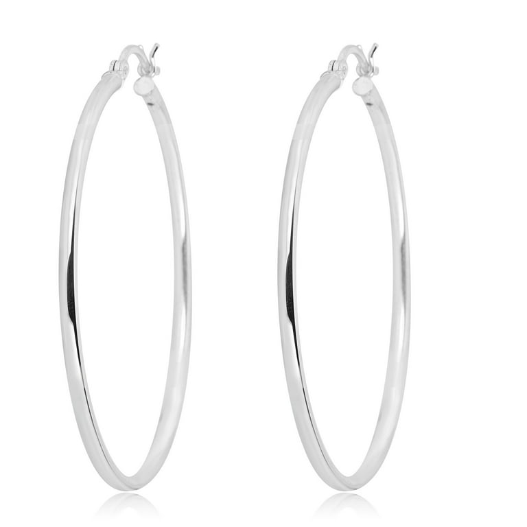 AVORA 10K White Gold Classic Polished 2mm Tube 50mm Hoop Earrings