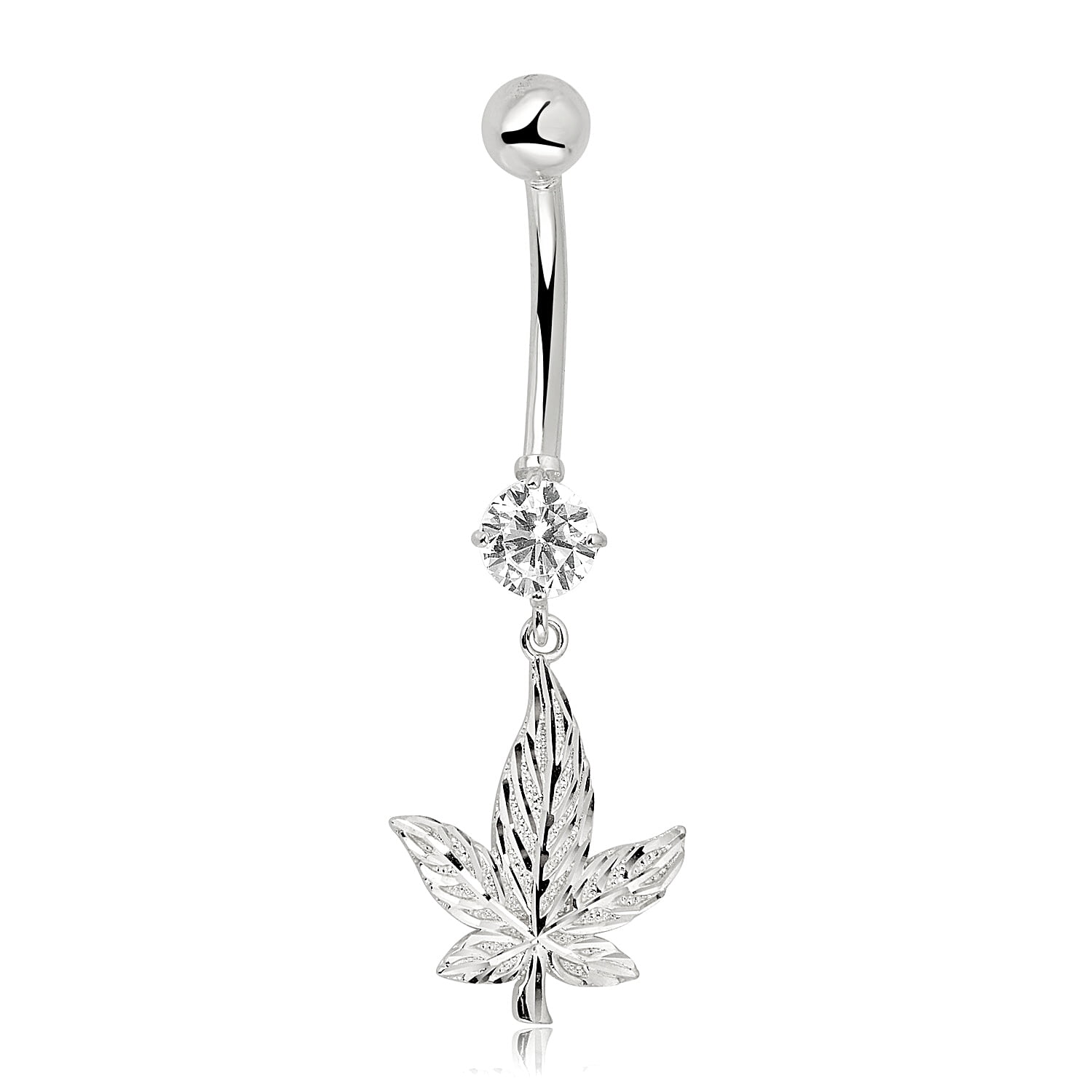 AVORA 10K White Gold Diamond-Cut Cannabis Leaf with Simulated Diamond CZ Belly Button Ring Body Jewelry (14 Gauge)  - Size 0