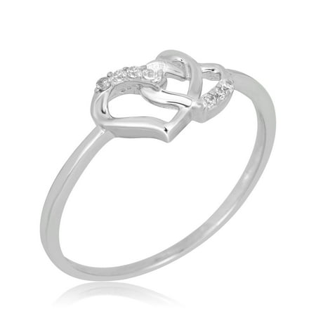 AVORA 10K White Gold Double Heart Ring with Simulated Diamond CZ, Size 5  - Size 5