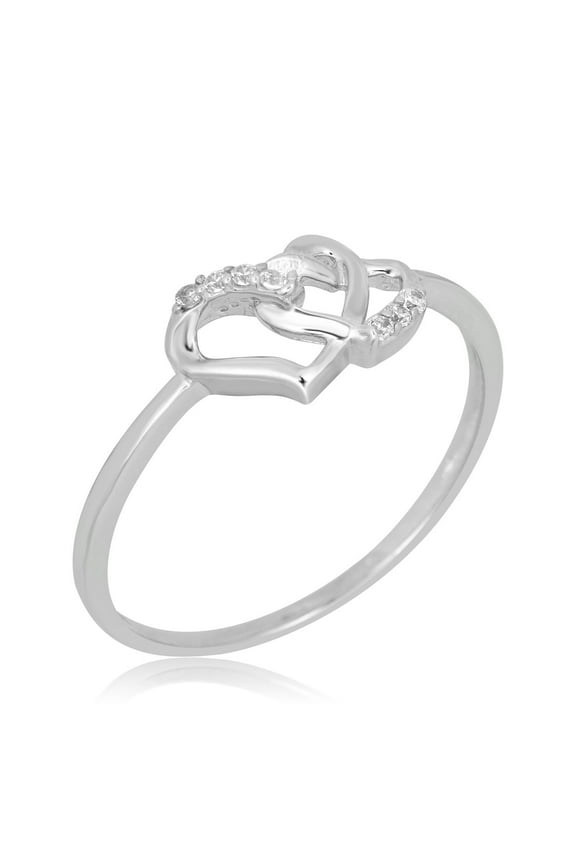 AVORA 10K White Gold Double Heart Ring with Simulated Diamond CZ, Size 5 - Size 5