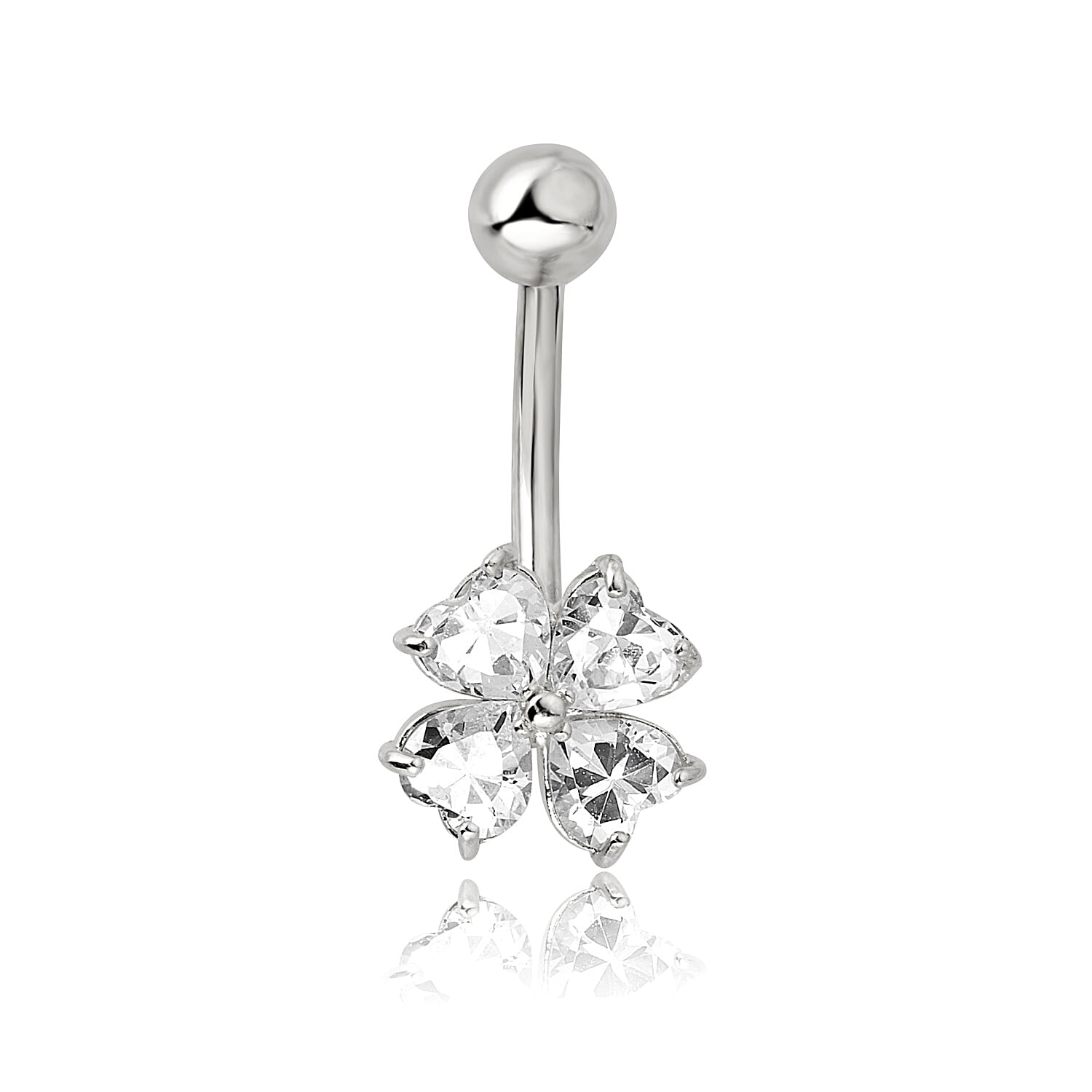 AVORA 10K White Gold Heart-shaped Simulated Diamond CZ Flower Belly Button Ring Body Jewelry (14 Gauge)