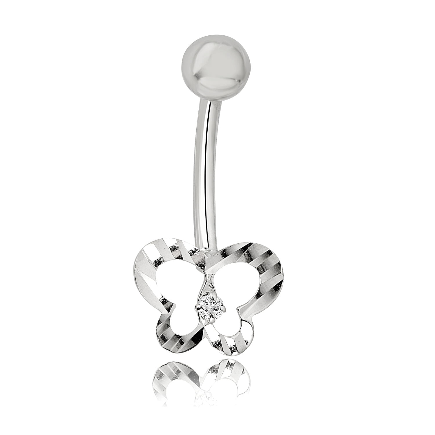 AVORA 10K White Gold Open Butterfly 0.02 CT Genuine Diamond Belly Button Ring Body Jewelry (14 Gauge)