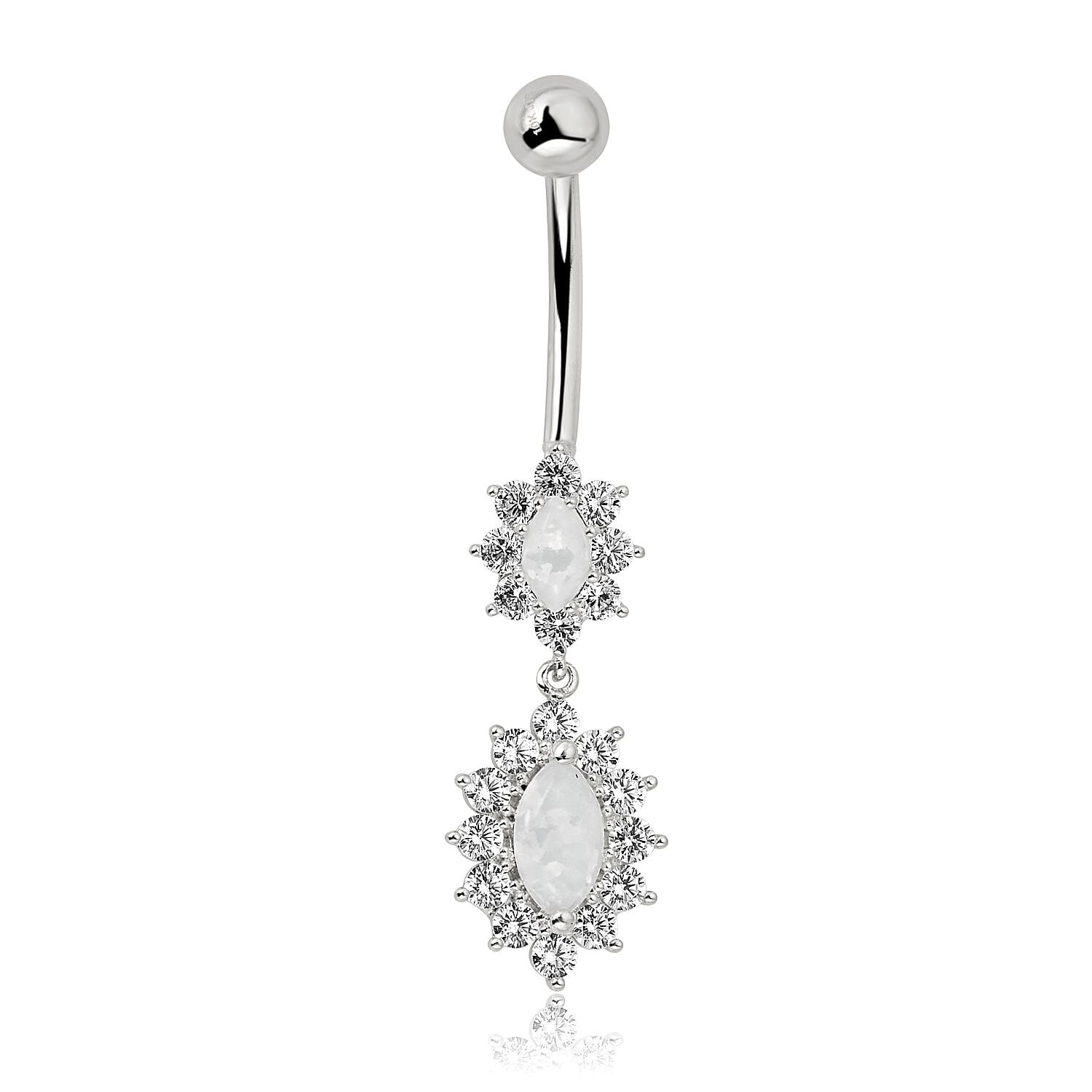 AVORA 10K White Gold Oval Simulated Opal and Simulated Diamond CZ Dangle Belly Button Ring Body Jewelry (14 Gauge)