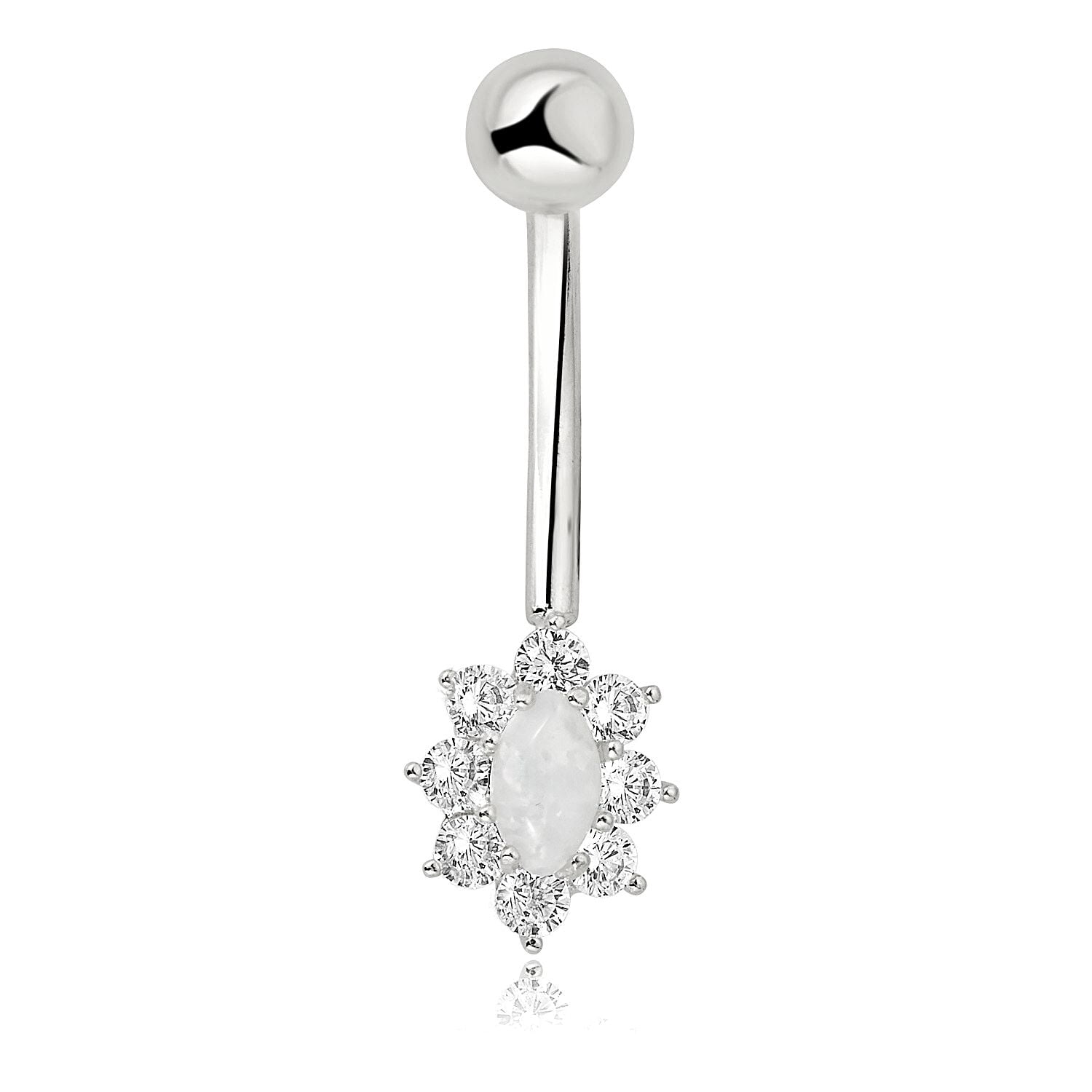AVORA 10K White Gold Oval-shaped Simulated Opal and Simulated Diamond CZ Belly Button Ring Body Jewelry (14 Gauge)