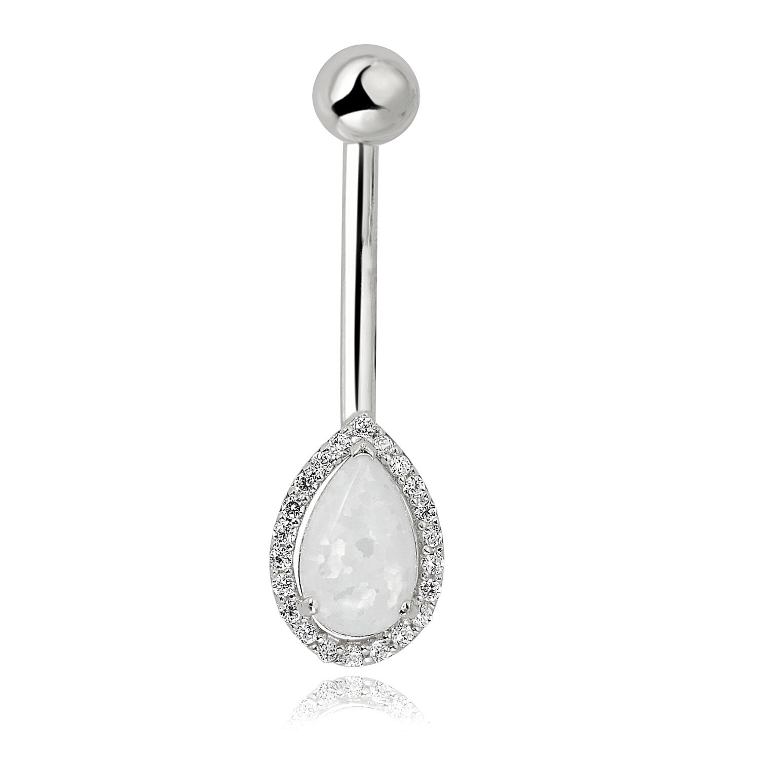 AVORA 10K White Gold Pear-shaped Simulated Opal with Simulated Diamond CZ Halo Belly Button Ring Body Jewelry (14 Gauge)  - Size 0