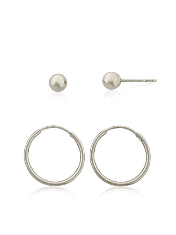 AVORA 10K White Gold Set of Polished Ball and Hoop Earrings