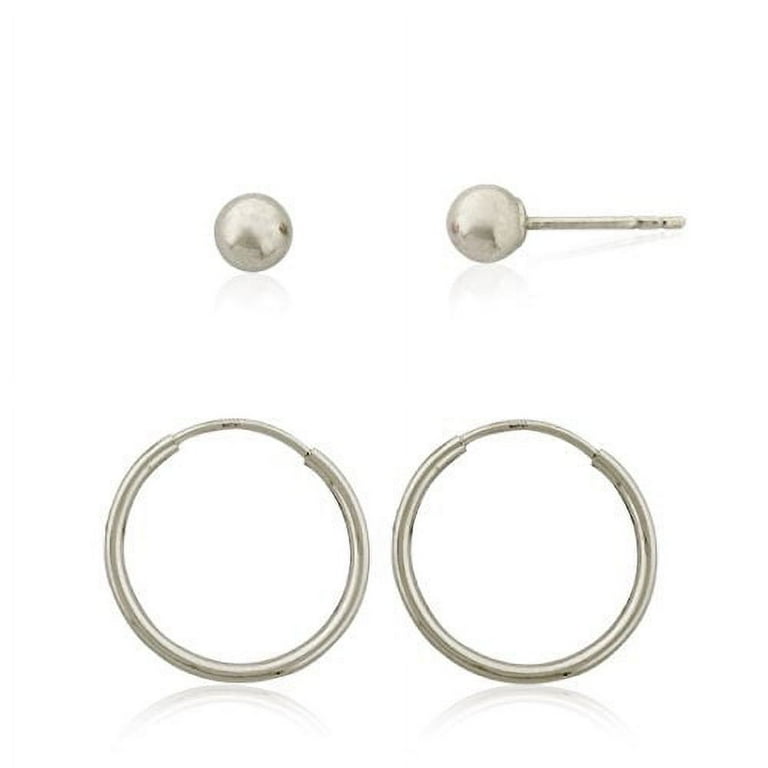 AVORA 10K White Gold Set of Polished Ball and Hoop Earrings