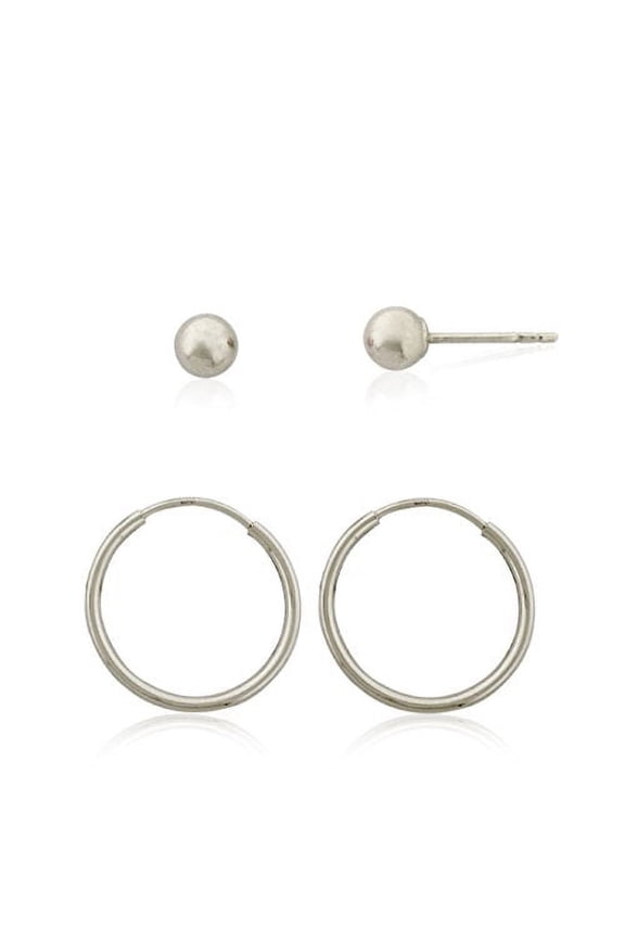 AVORA 10K White Gold Set of Polished Ball and Hoop Earrings