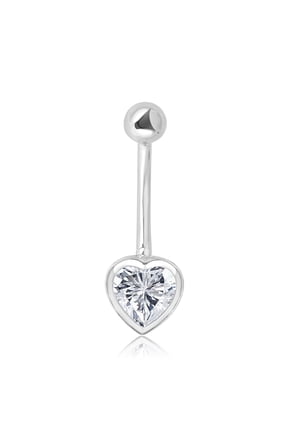 AVORA 10K White Gold Simulated Diamond CZ Bezel Heart Belly Button Ring Body Jewelry (14 Gauge)