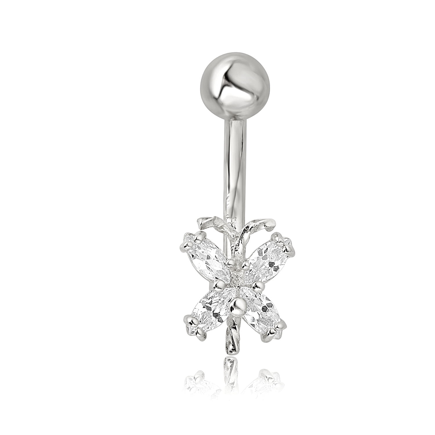 AVORA 10K White Gold Simulated Diamond CZ  Butterfly Belly Button Ring Body Jewelry (14 Gauge)