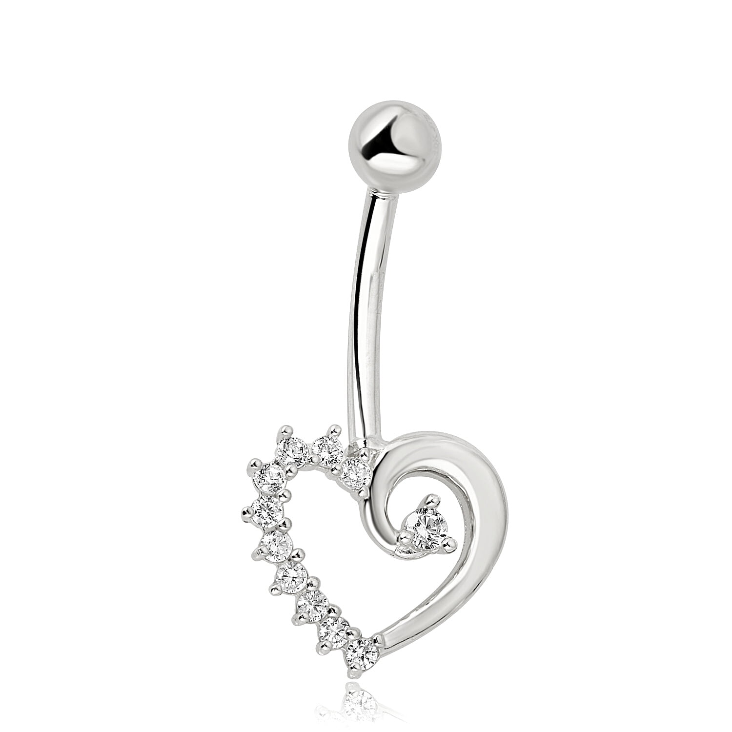 AVORA 10K White Gold Simulated Diamond CZ Curly Heart Belly Button Ring Body Jewelry (14 Gauge)