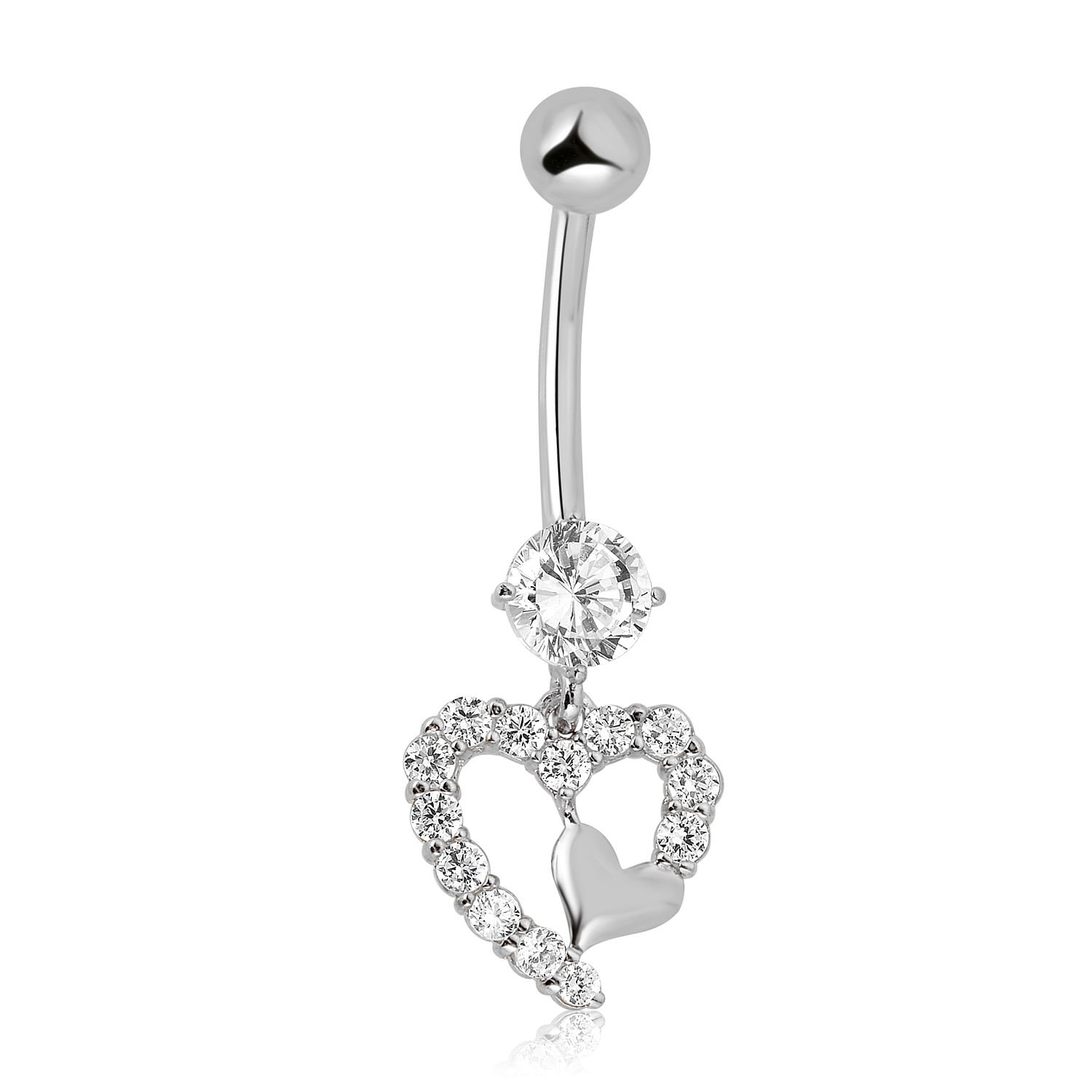 AVORA 10K White Gold Simulated Diamond CZ Dangling Double Heart Belly Button Ring Body Jewelry (14 Gauge)