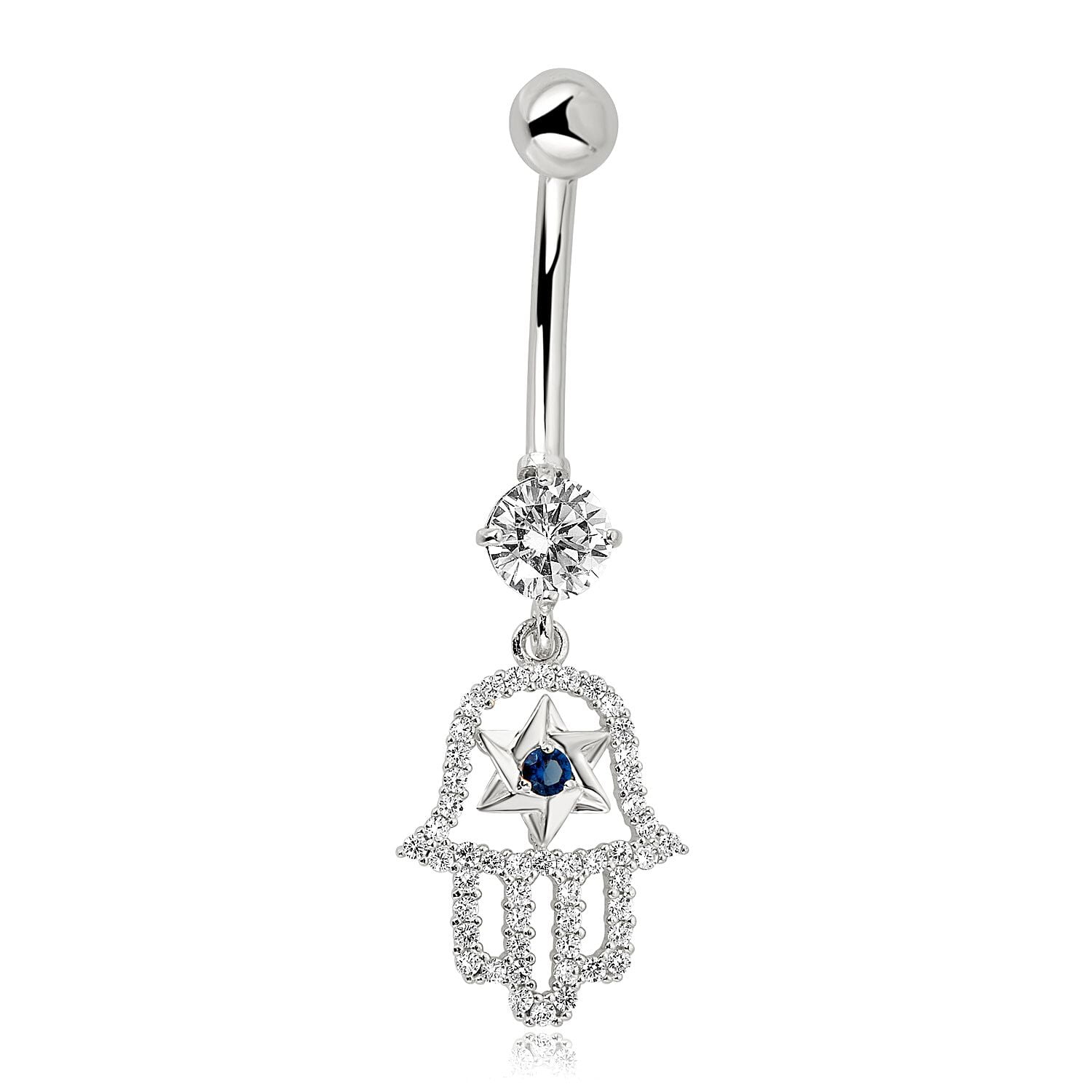 AVORA 10K White Gold Simulated Diamond CZ Dangling Hamsa Belly Button Ring Body Jewelry (14 Gauge)