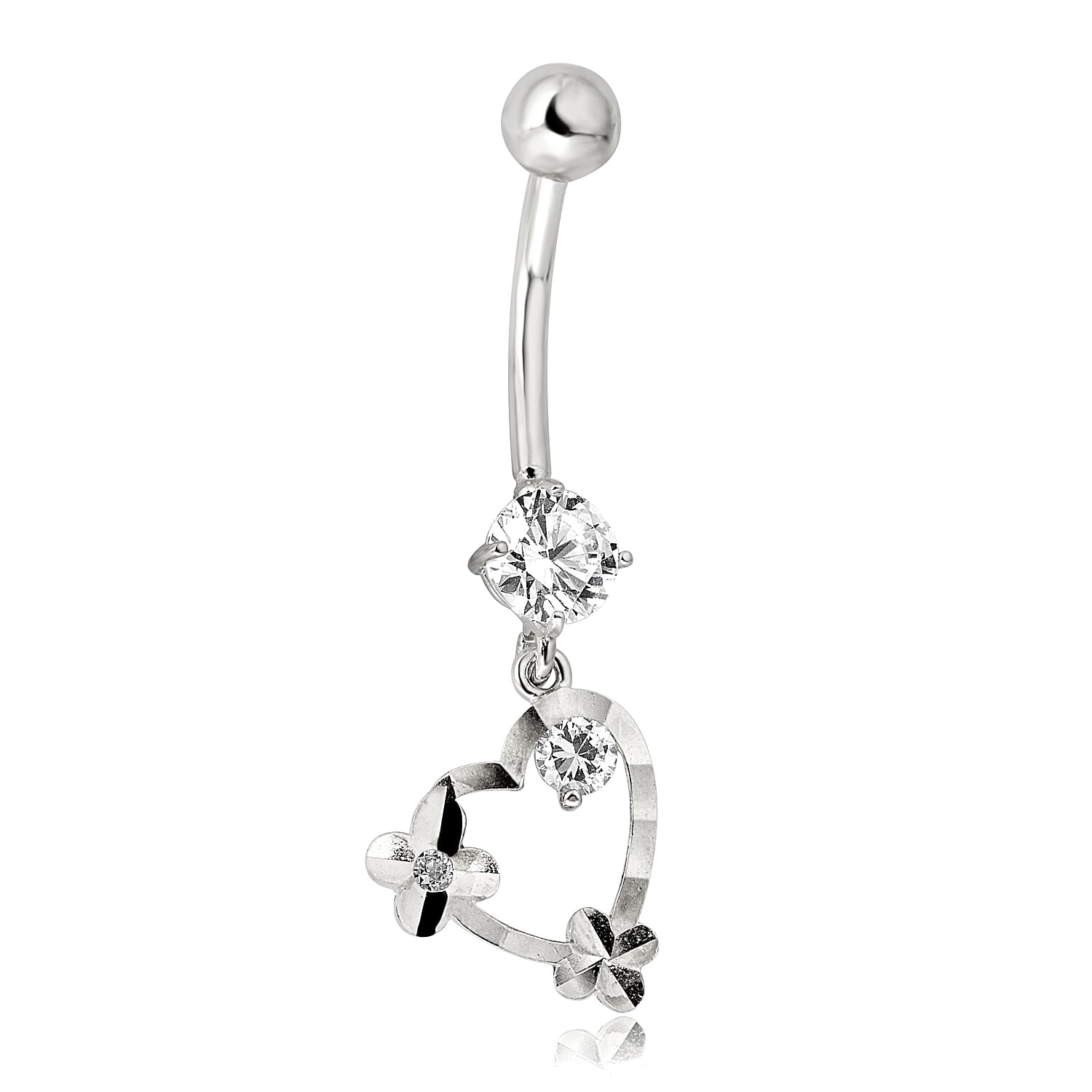 AVORA 10K White Gold Simulated Diamond CZ Dangling Heart Belly Button Ring Body Jewelry (14 Gauge)