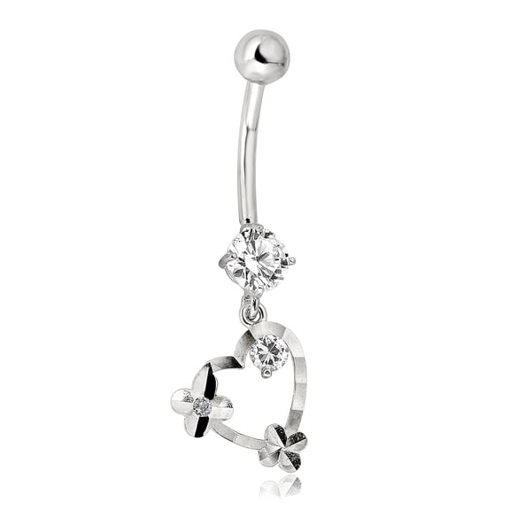 AVORA 10K White Gold Simulated Diamond CZ Dangling Heart Belly Button Ring Body Jewelry (14 Gauge)
