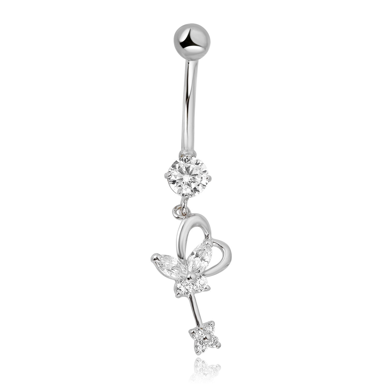 AVORA 10K White Gold Simulated Diamond CZ Dangling Heart Butterfly Belly Button Ring Body Jewelry (14 Gauge)