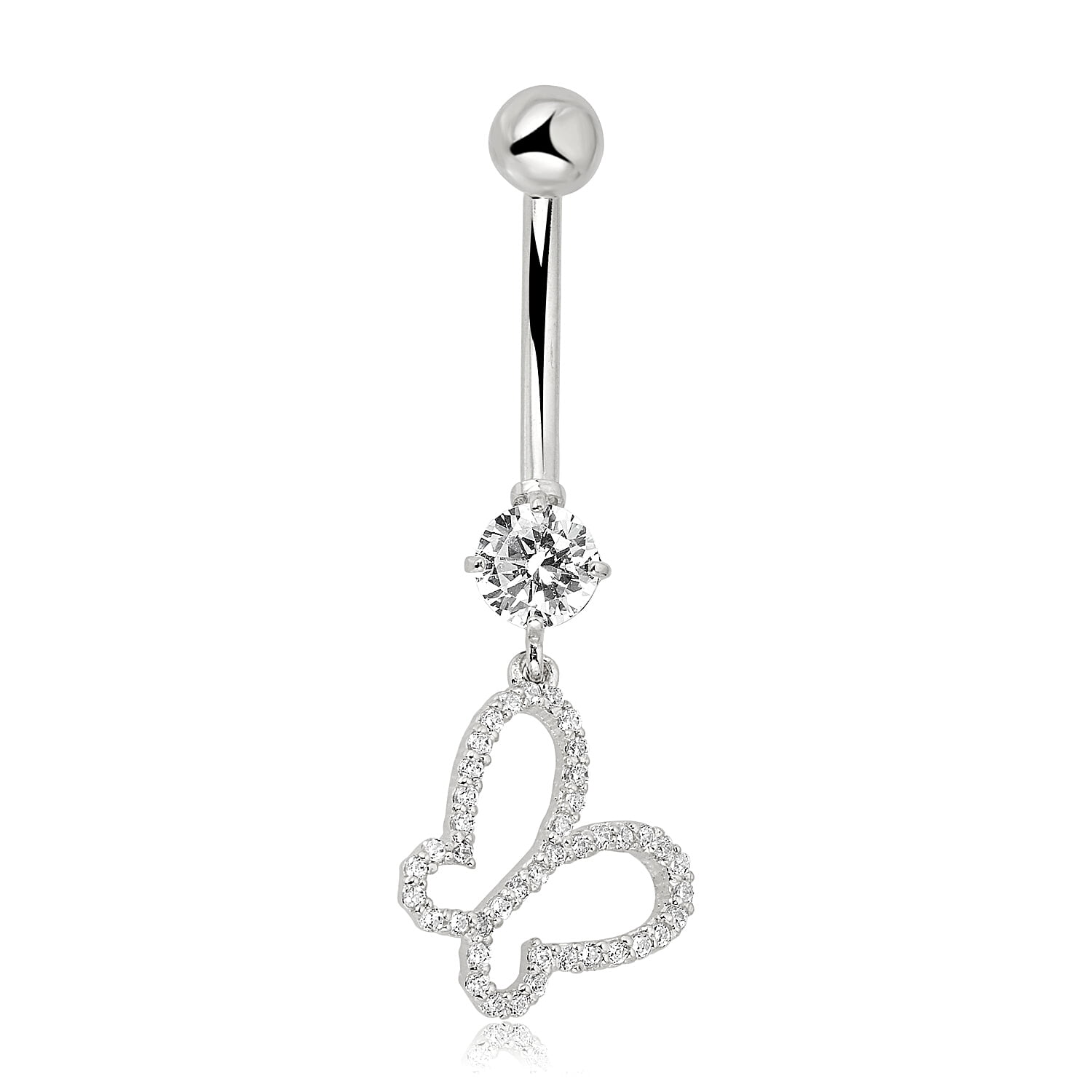 AVORA 10K White Gold Simulated Diamond CZ Dangling Open Butterfly Belly Button Ring Body Jewelry (14 Gauge)