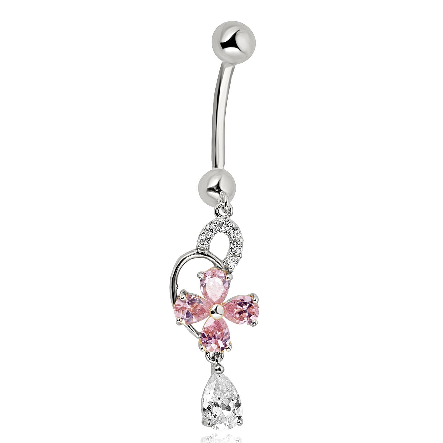AVORA 10K White Gold Simulated Diamond CZ Dangling Pink Flower Belly Button Ring Body Jewelry (14 Gauge)