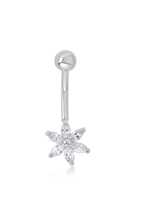 AVORA 10K White Gold Simulated Diamond CZ Floral Belly Button Ring Body Jewelry (14 Gauge)