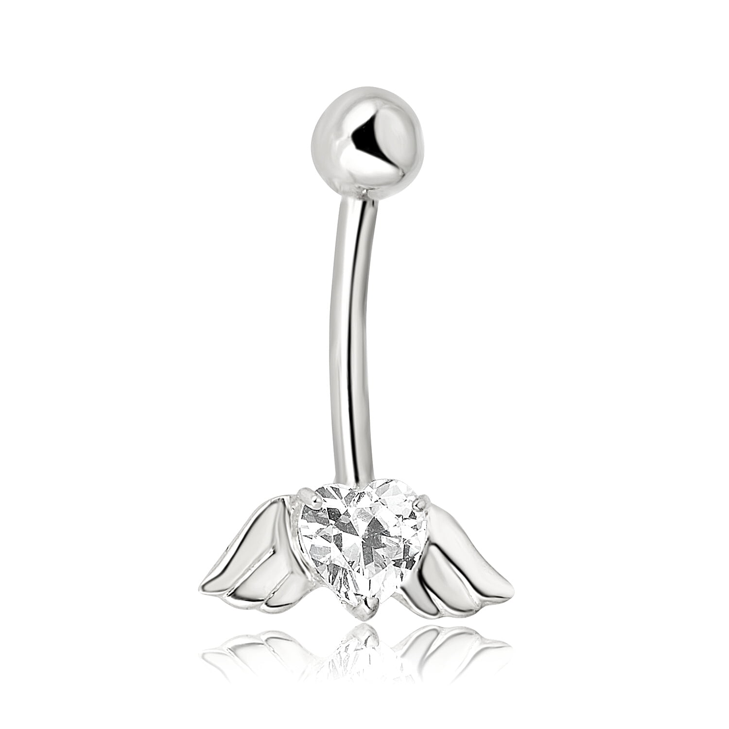 AVORA 10K White Gold Simulated Diamond CZ Heart with Wings Belly Button Ring Body Jewelry (14 Gauge)