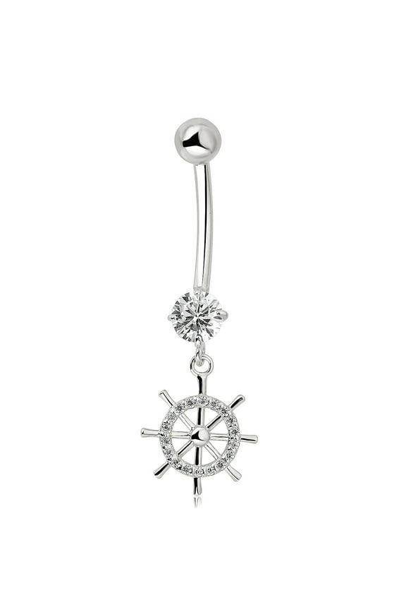 AVORA 10K White Gold Simulated Diamond CZ Nautical Ship Wheel Dangling Belly Button Ring Body Jewelry (14 Gauge)