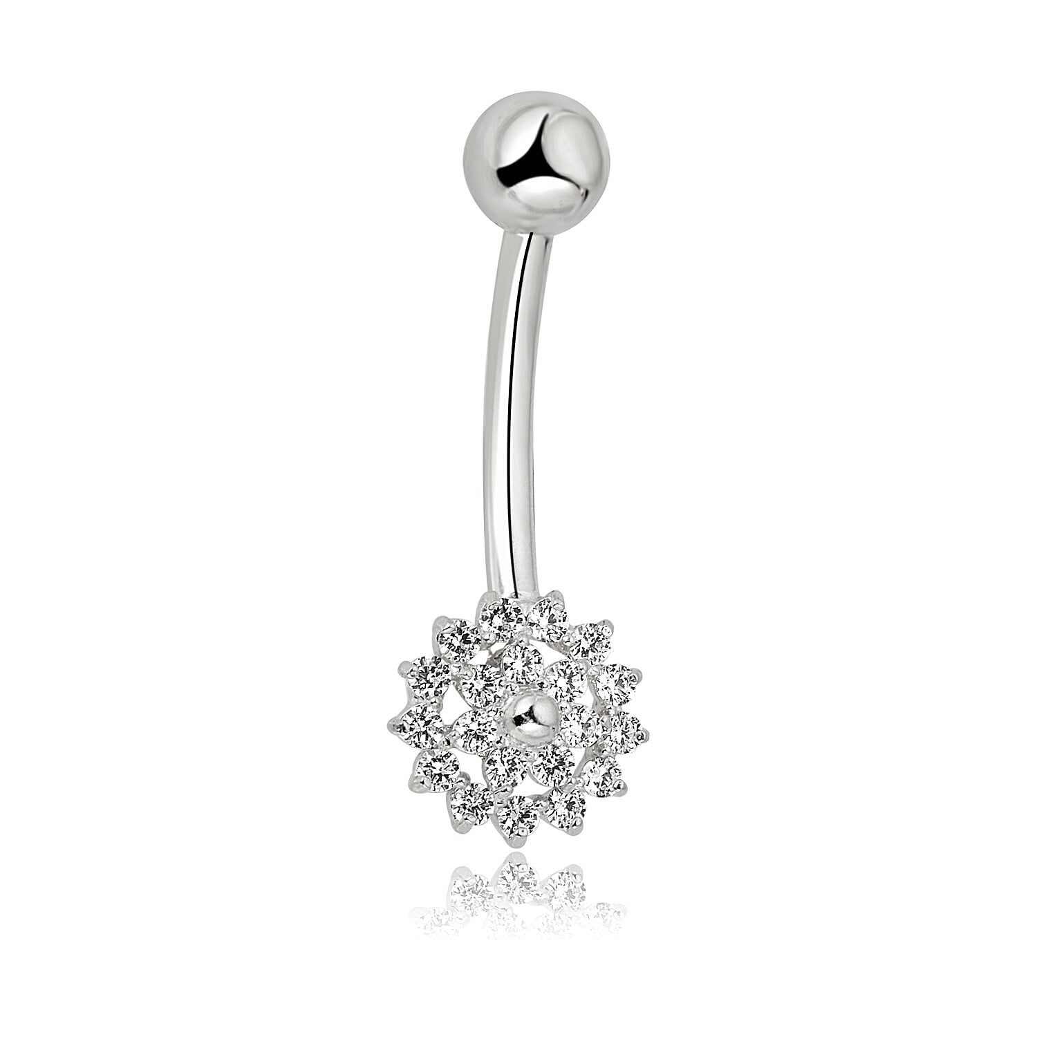 AVORA 10K White Gold Simulated Diamond CZ Open Flower Belly Button Ring Body Jewelry (14 Gauge)