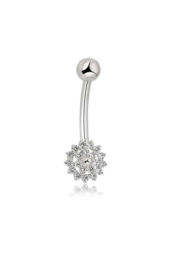 AVORA 10K White Gold Simulated Diamond CZ Open Flower Belly Button Ring Body Jewelry (14 Gauge)