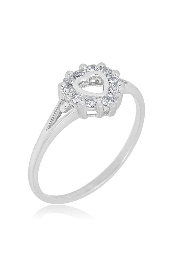 AVORA 10K White Gold Simulated Diamond CZ Open Heart Split Shank Fashion Ring - Size 6.5