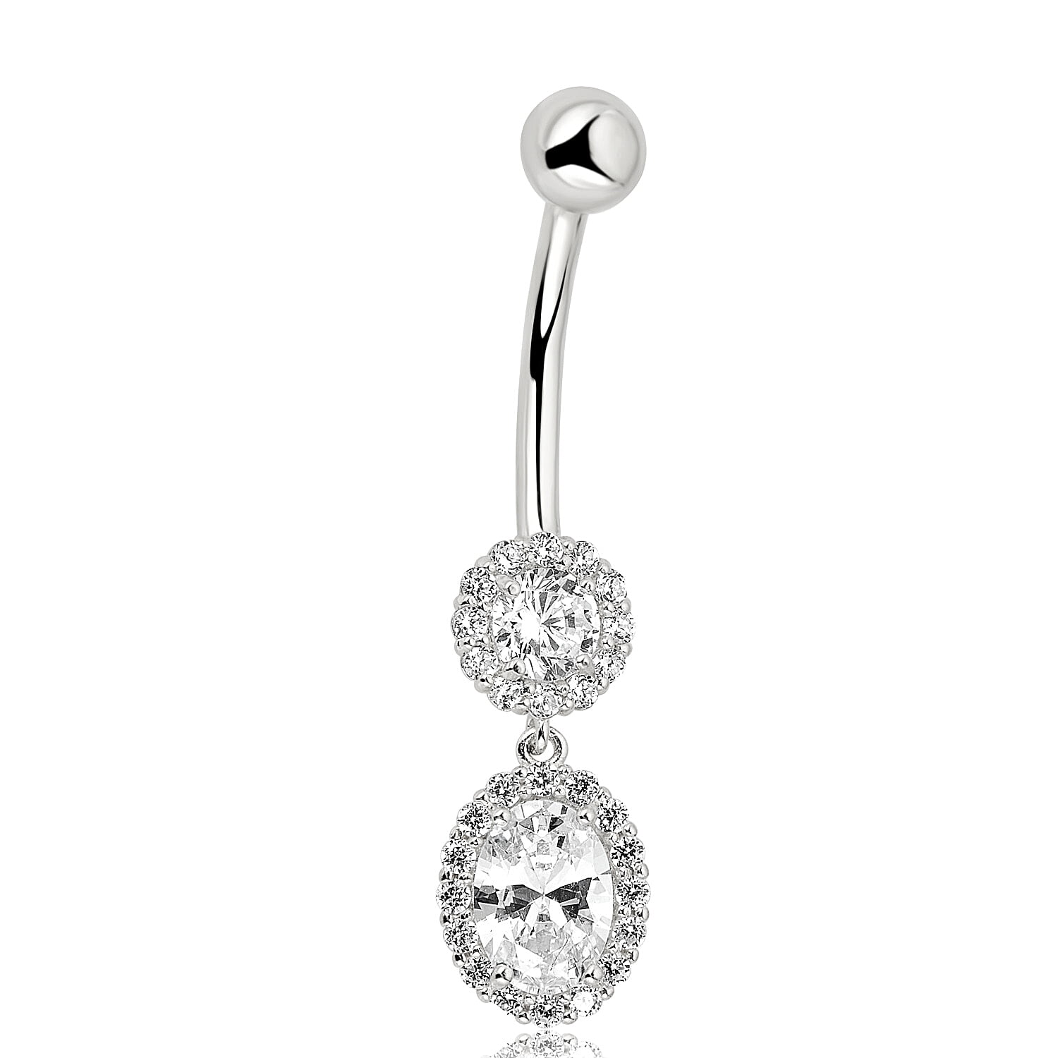 AVORA 10K White Gold Simulated Diamond CZ Oval and Round Dangling Belly Button Ring Body Jewelry (14 Gauge)