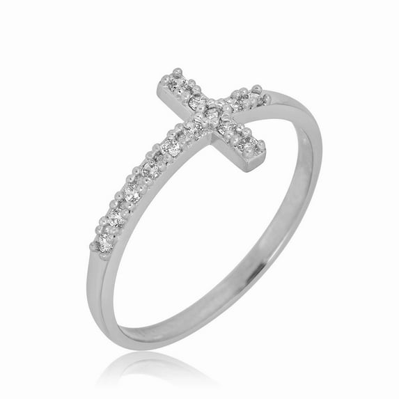 AVORA 10K White Gold Simulated Diamond CZ Sideway Cross Ring - Size 7